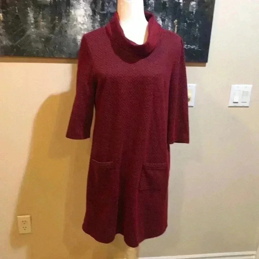 Perceptions New York Cowl Neck Tunic Dress with 3/4 Sleeves and Front Pockets-PL